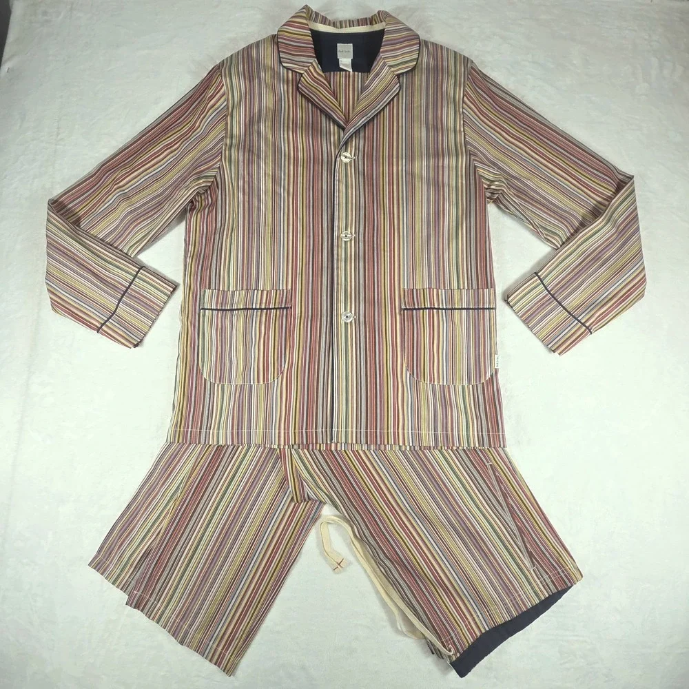 Paul Smith Men's L 2pc Striped Cotton Pajama Set Long Sleeve Button Pockets